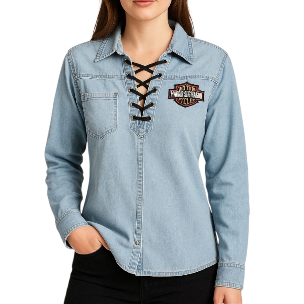 Harley Davidson Vintage Denim Lace-Up Pullover Shirt Women’s Small